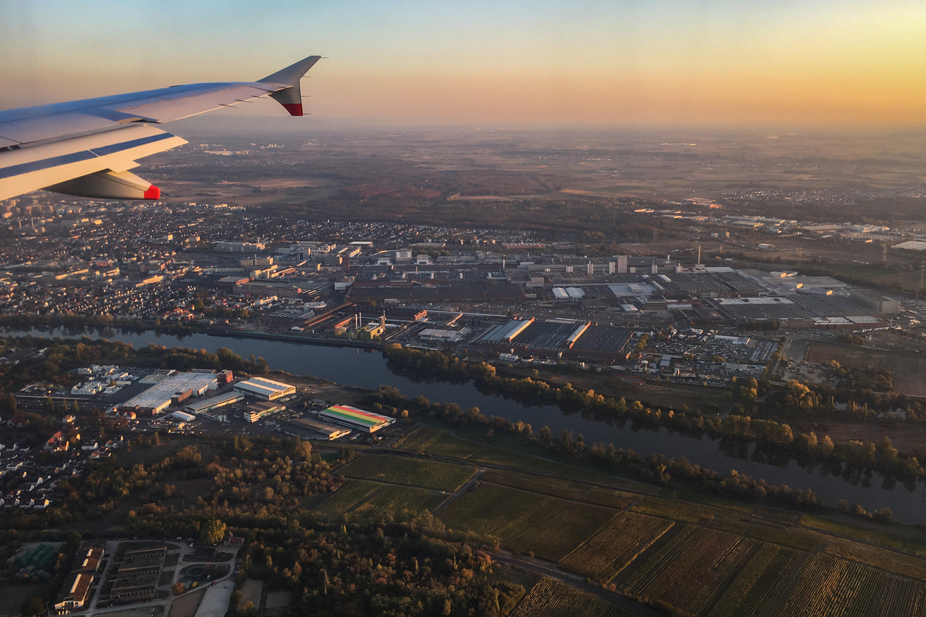 Aerial view of Ruesselsheim and Opel-Werk with main river, Germany