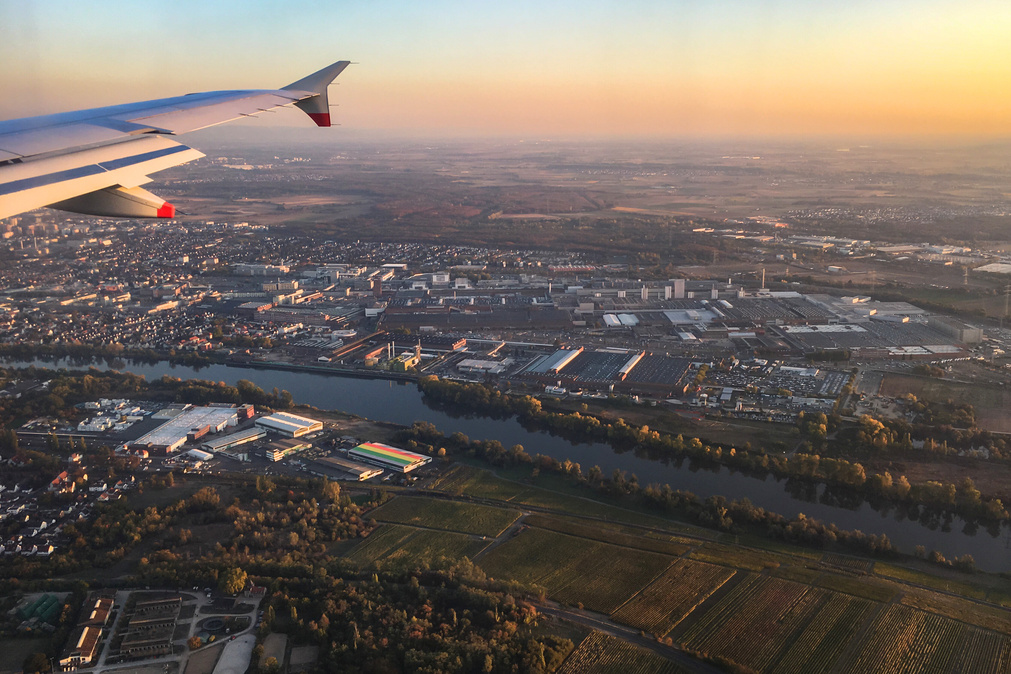 Aerial view of Ruesselsheim and Opel-Werk with main river, Germany